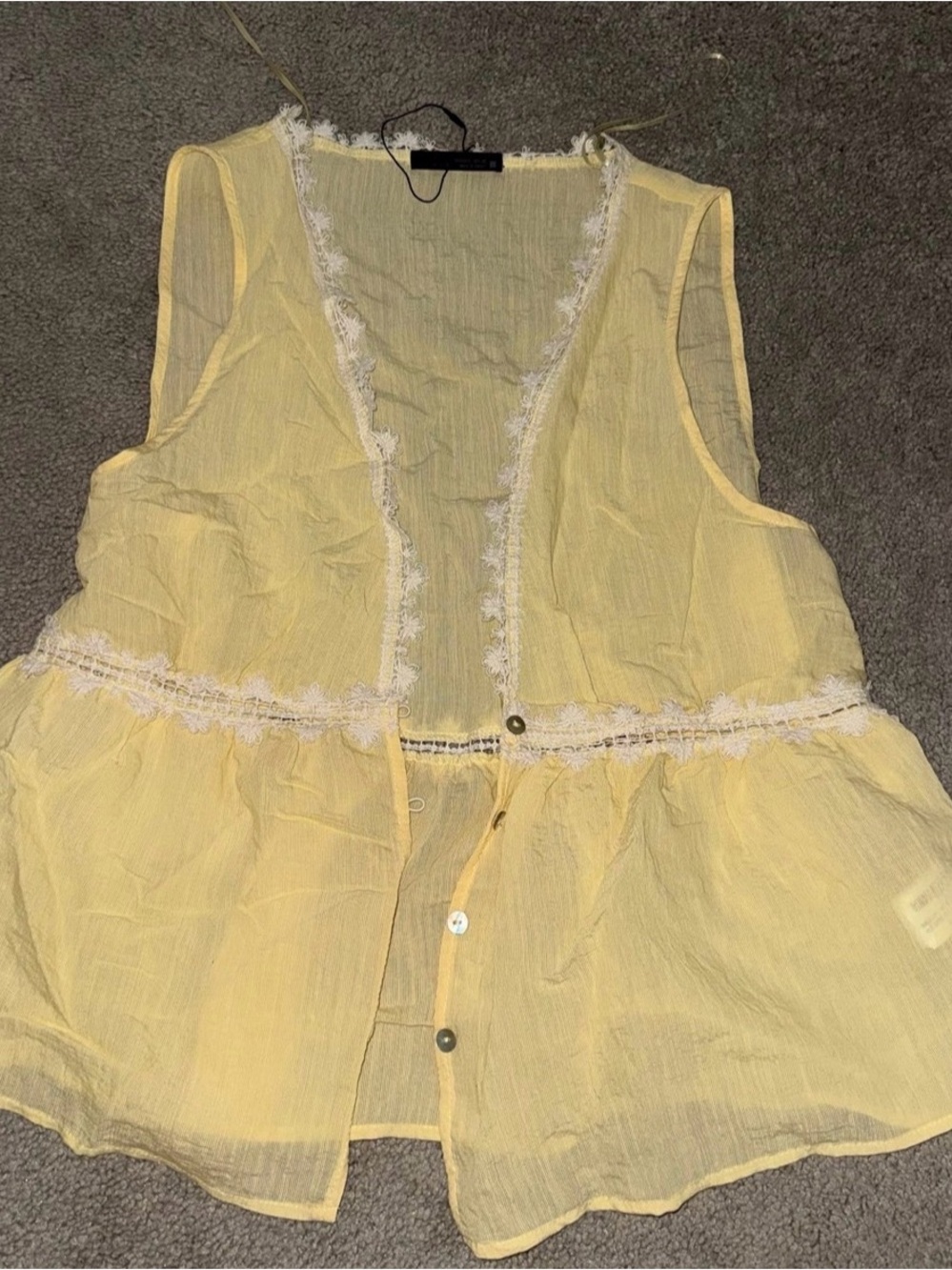 Zara Yellow Sheer Lace-Trim Sleeveless Blouse